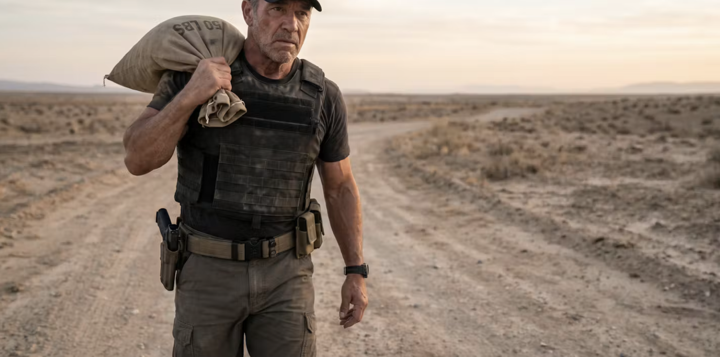 Competitor carrying sandbag in plate carrier — Citizen Games tactical competition